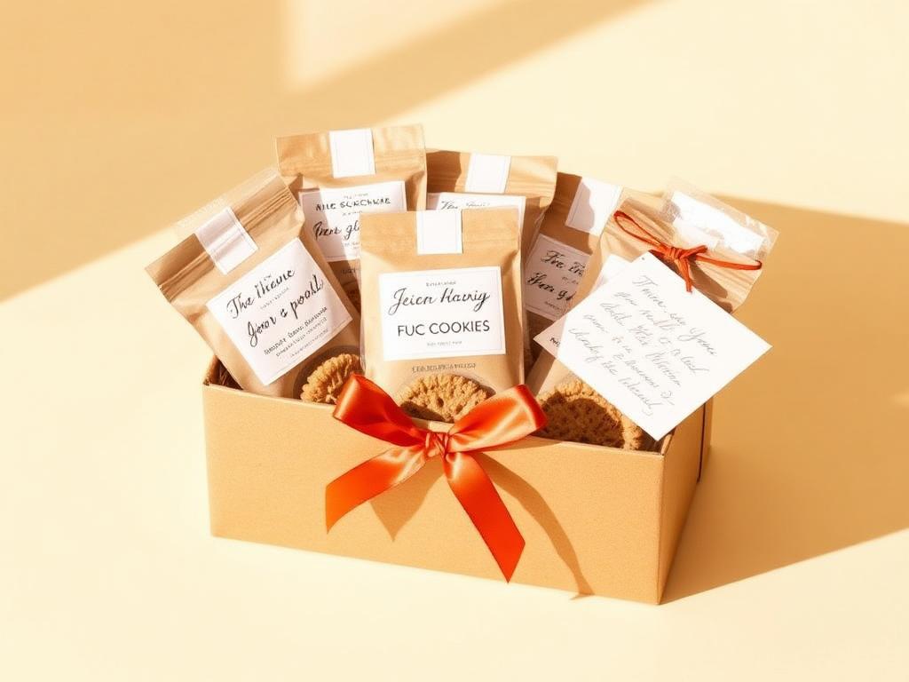 Hamper kue kering dengan pita terracotta dan kartu ucapan tulisan tangan